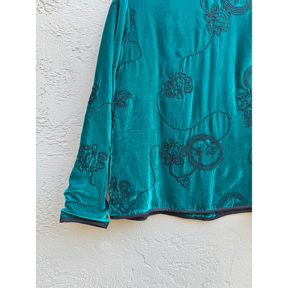 Chico's Velvet Embroidered Button Down Teal Jacket Blouse Top Elegant - Picture 7 of 8